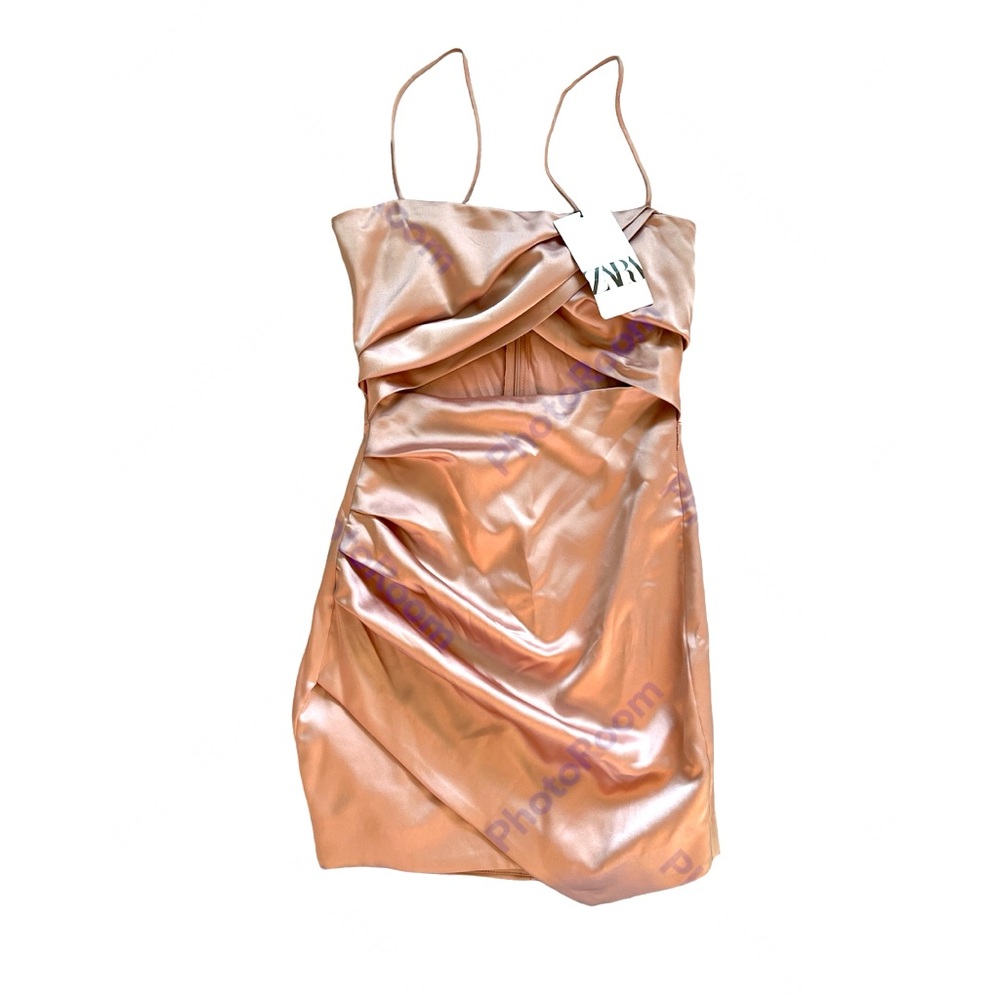 Zara XS Rose Gold open mid Spaghetti Strap Mini Bodycon Dress NWT